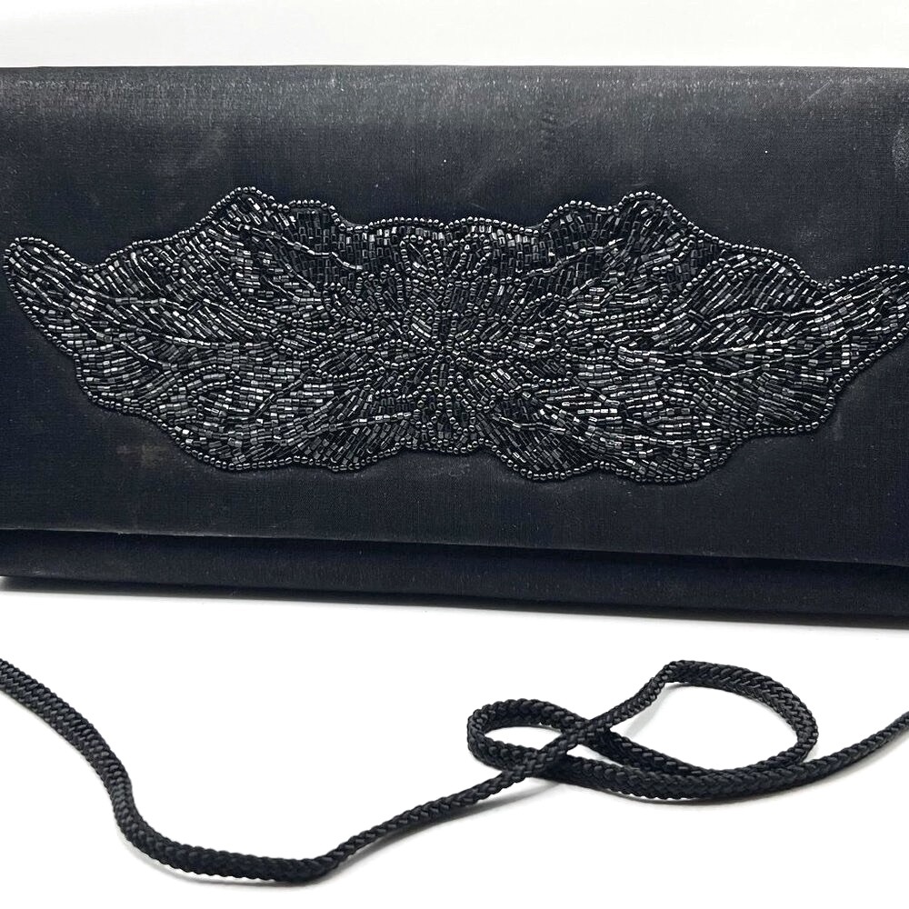 Stunning Vintage Black Satin Beaded Purse